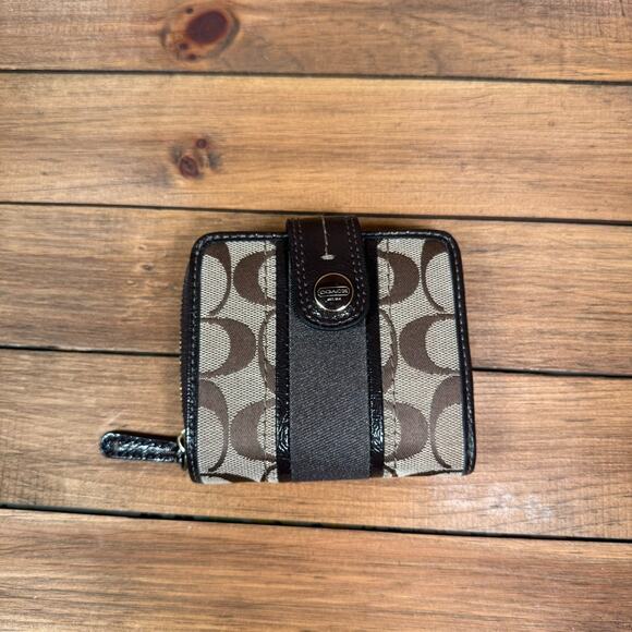 Coach Signature Stripe Khaki Canvas Brown Slim Medium Wallet Zip Coin - Picture 2 of 8